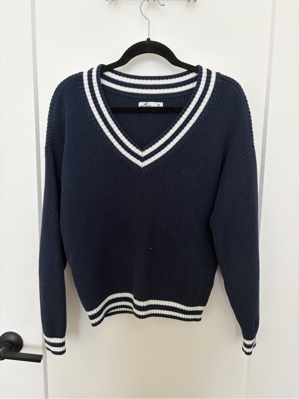 Hollister Navy V-Neck Tennis Stripe Sweater